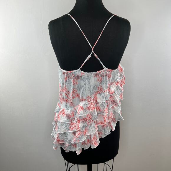 FREE PEOPLE Coral & Ivory Floral Flutter By Tank Ruffles Asymmetric Hem Silky XS - Picture 5 of 7